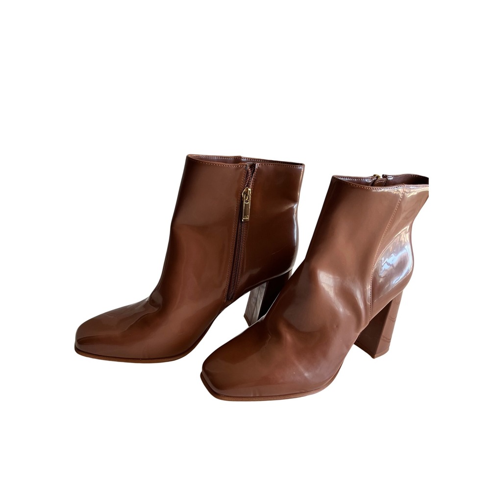 JLO Jennifer Lopez Brown Patent Square Toe Block Heel Ankle Boots Womens 8.5M